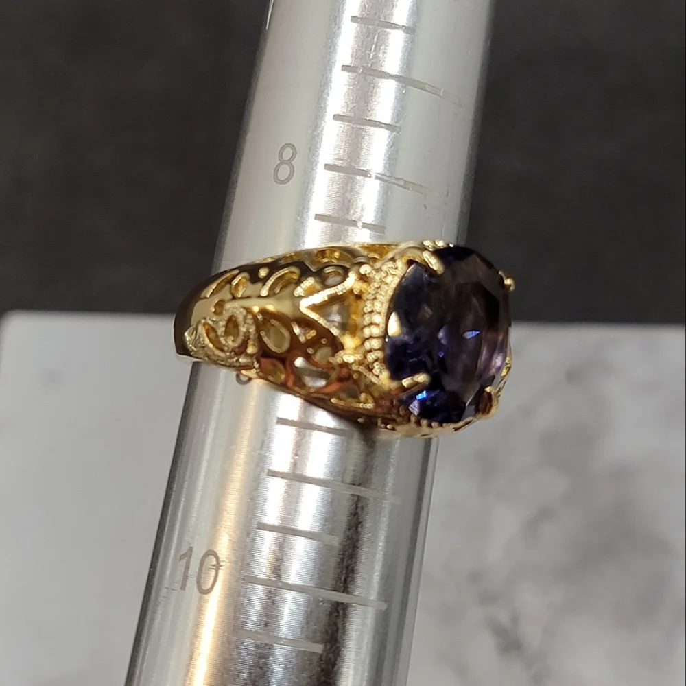 Gold Tone Simulated Purple Gemstone Butterfly Filigree Ring